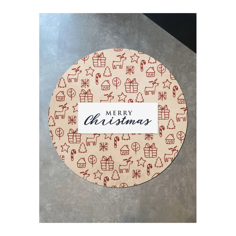 Beige New Year Themed Mixed Ornament Deer House Patterned Modern Woven Base Round Decorative Carpet, Round 3'4"