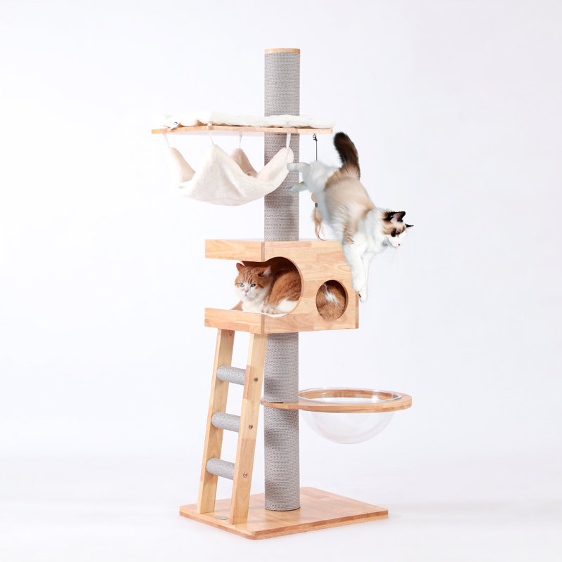 62" H Pure Solid Wood Multi-Nest Cat Climbing Frame with Toys