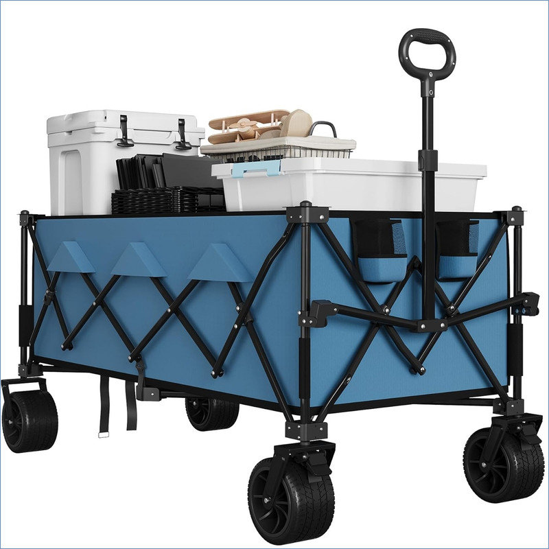 Chariot pliable robuste pour la plage, très grand chariot pliable pliable pour le camping, chariots de plage tout-terrain prolongés avec porte-gobelets pour le sable