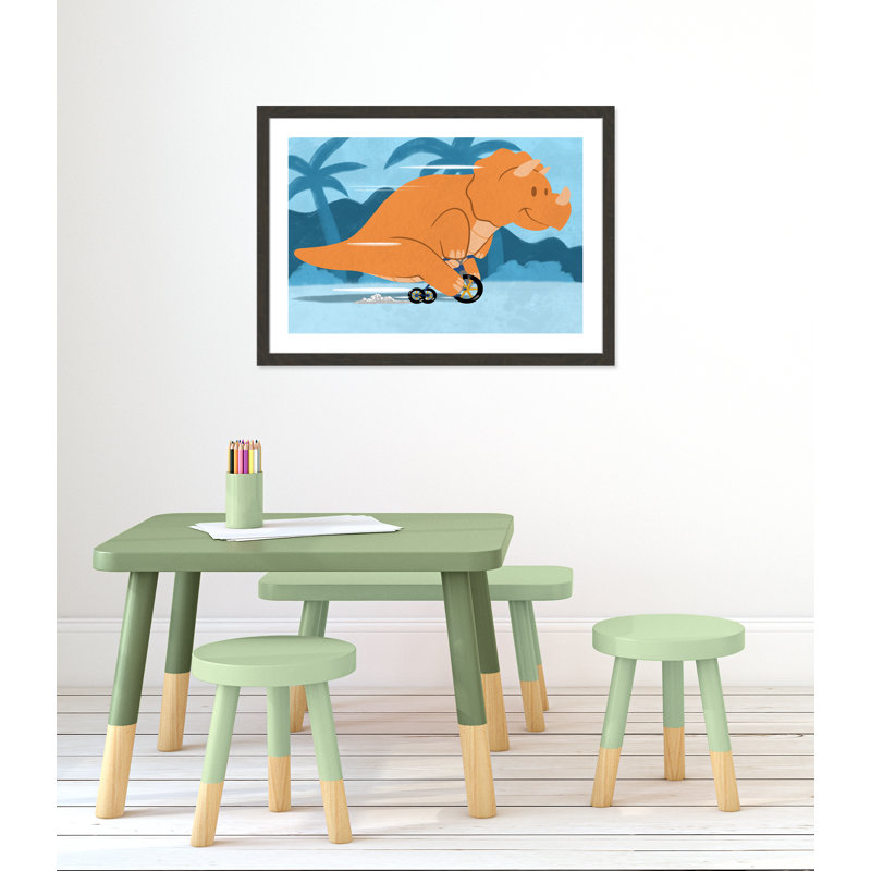 «Riding Dino 2», impression sur papier, H 24,5 po x l 34,5 po x P 0,6 po, Encadré plat à grain de bois noir