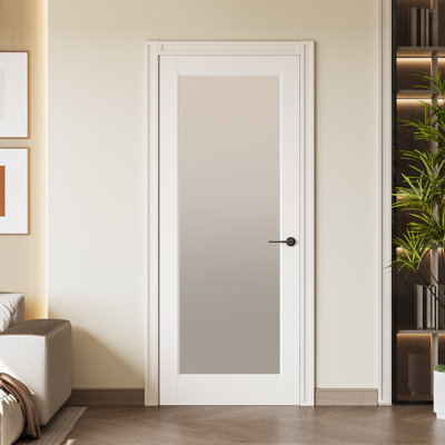 Primed Frosted Glass 1-Lite Solid Wood Slab Door Without Frame and Hardware Kit