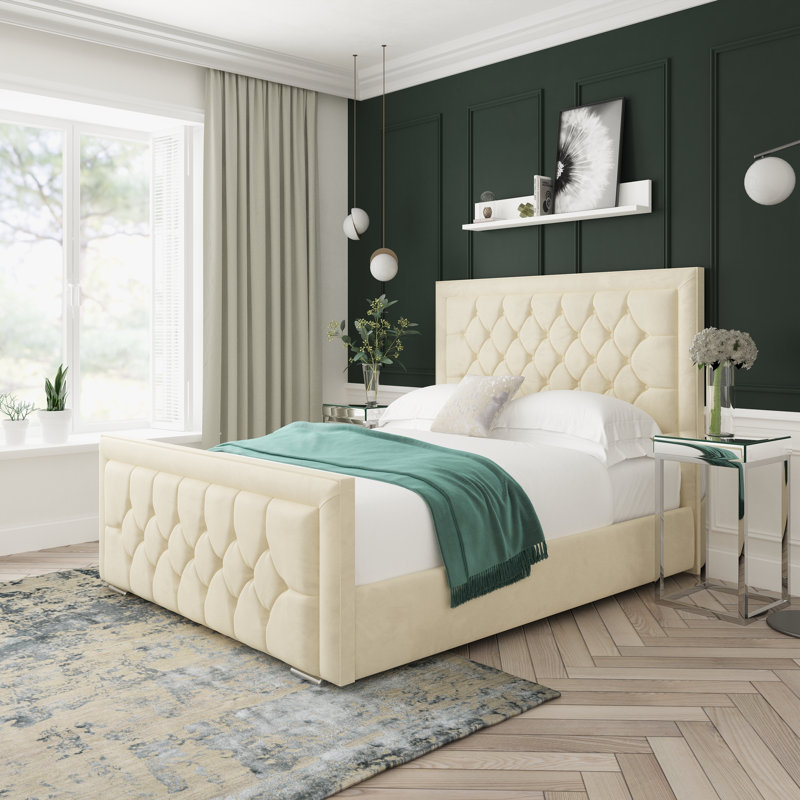 Maple Plush Velvet Upholstered Ottoman Bed Frame, Cream, Double (4'6)