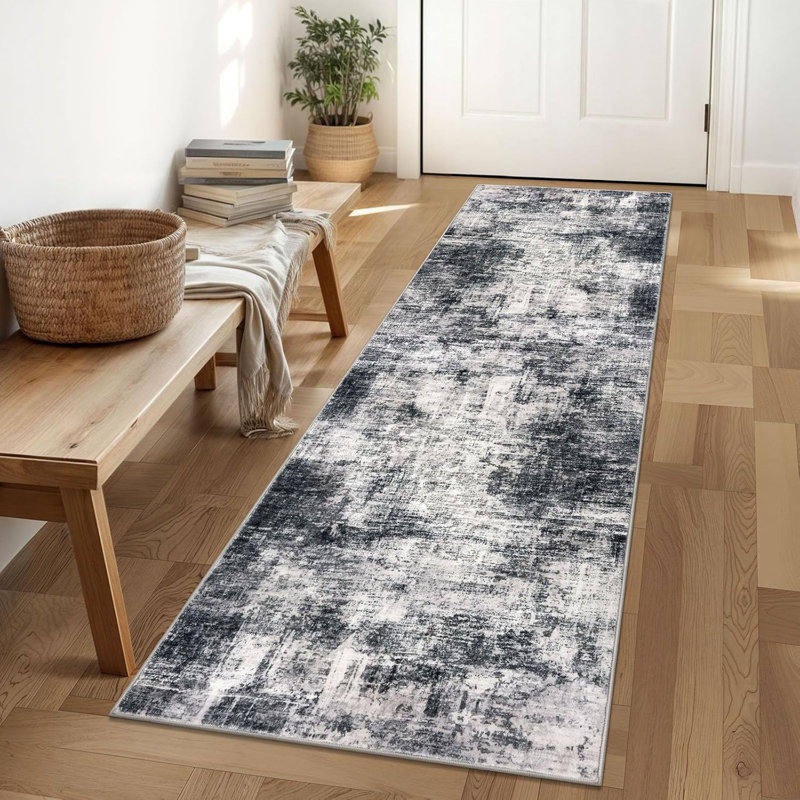 Tapis de cuisine abstrait lavable, Noir / gris / blanc, Tapis de couloir 2 pi x 6 pi