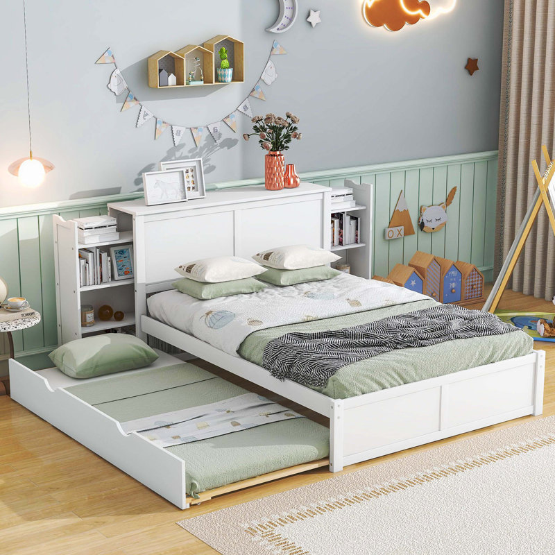 Lit plateforme pleine grandeur avec rangement et tablettes gigognes, blanc, Lit double