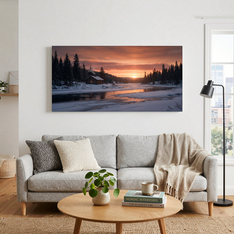 Toile en rondins près de la rivière gelée au coucher du soleil, art mural, 40“W x 20”H