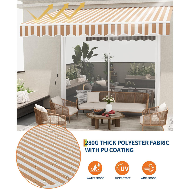 12' x 10' Manual Retractable Awning, Waterproof Patio Sun Shade with Aluminum Frame, 280 GSM Polyester Fabric, Adjustable Crank for Deck, Porch, or Balcony