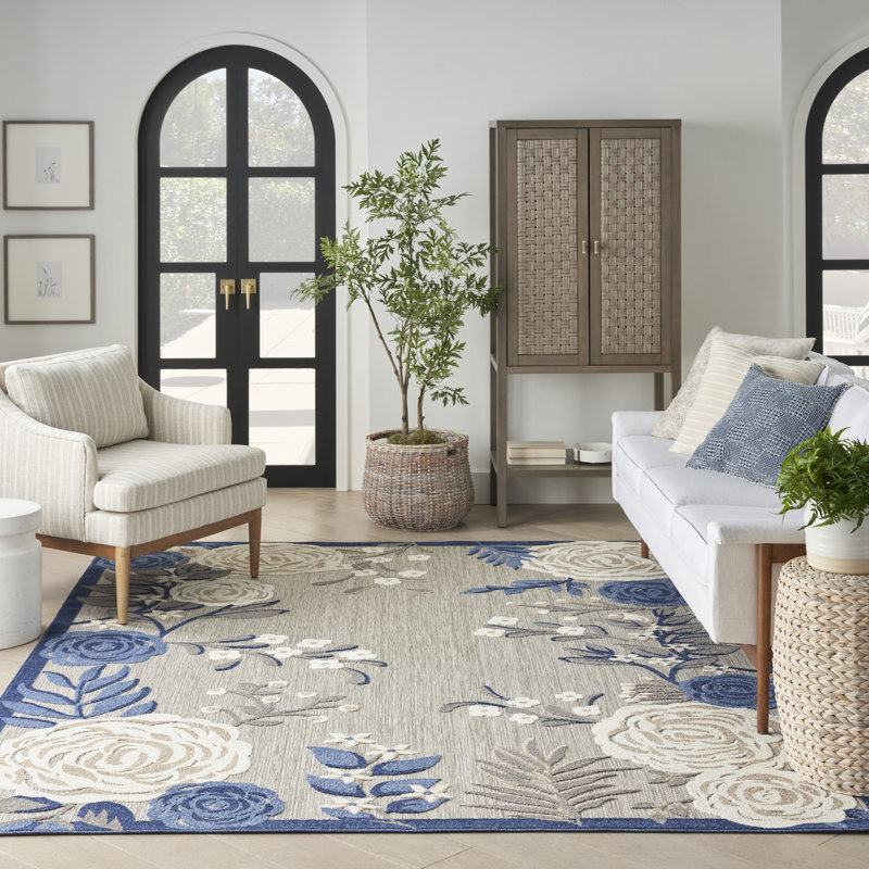 Allijah Floral Blue/Grey Indoor/Outdoor Area Rug, Rectangle 6' x 9'