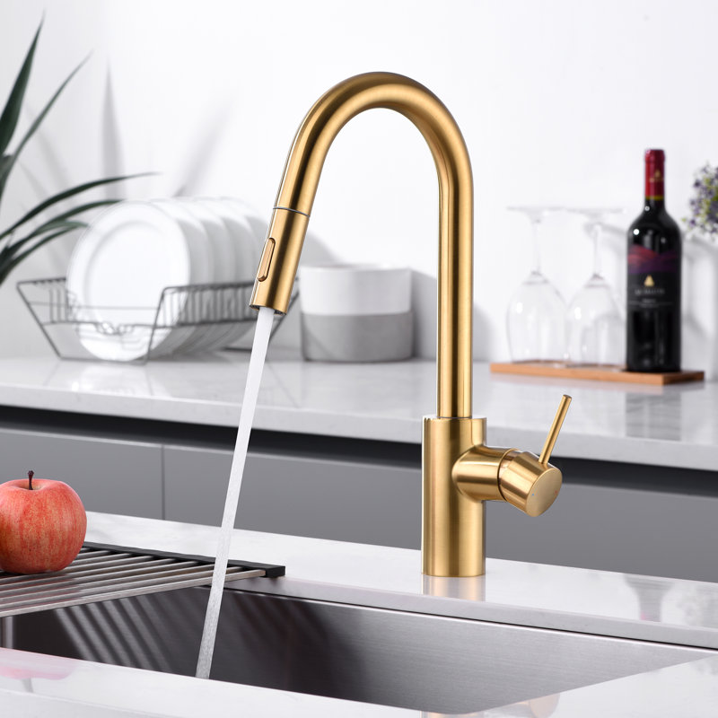 Robinet de cuisine contemporain à poignée simple avec accessoires, Or brossé