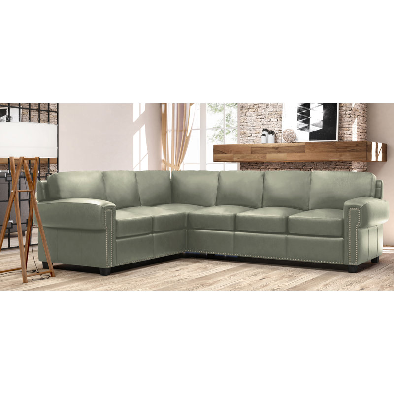Canapé modulaire en cuir véritable de 119 po de large Fardin, Orienté vers le côté droit, Cuir véritable gris