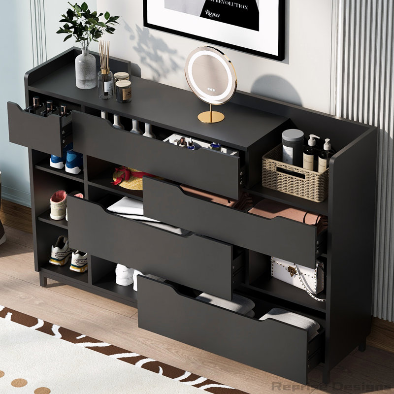 Black Modern Fabric and Metal Shoe Storage Cabinet with Drawers