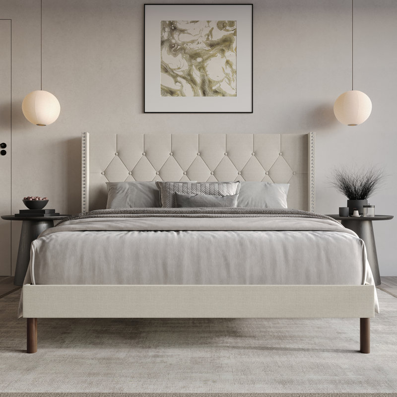 Linen Upholstered Wingback Bed , Full, Warm Gray