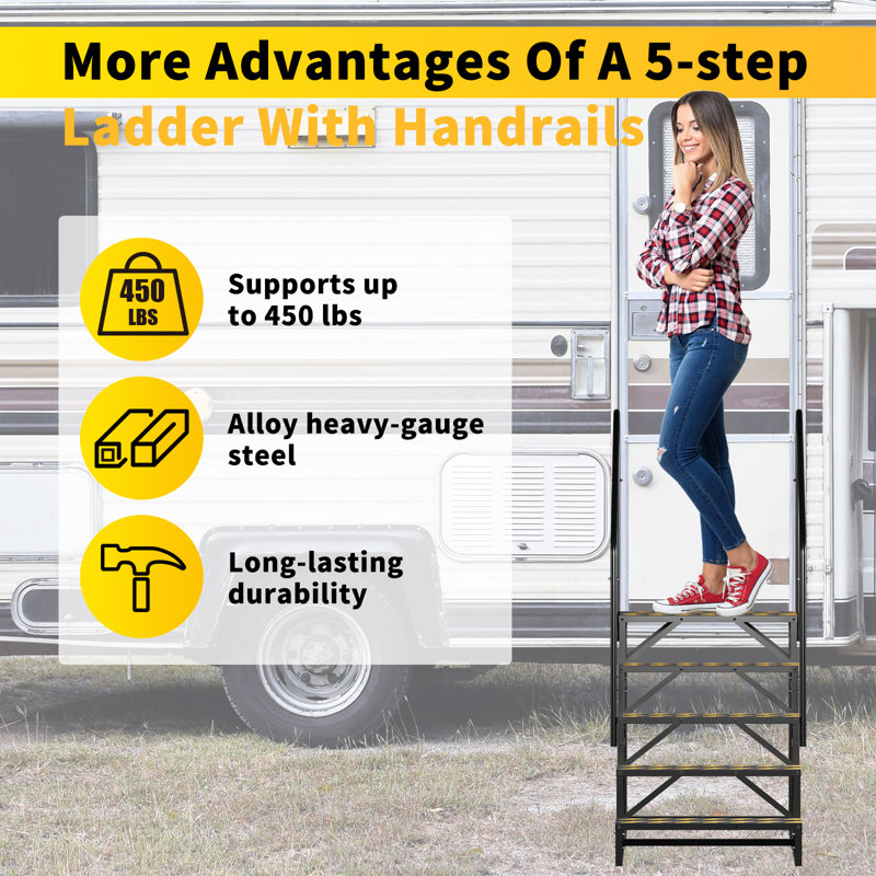5 Steps Rv Steps With 2 Handrails, Non-slip Hot Tub Steps, Mobile Home Stairs With Non-skid Tapes, Outdoor Steps For Spa Pool, Camper, Travel Trailers, Porch