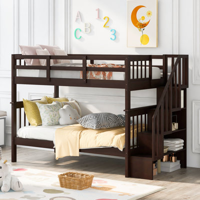 Stairway Twin-Over-Twin Bunk Bed With Storage And Guard Rail For Bedroom, Dorm, For Kids, Adults, Espresso Color