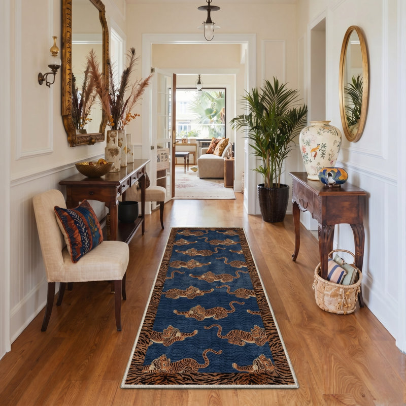 Abrahamson Tigerkin Oriental Machine Washable Blue Indoor Area Rug with Non-Slip Backing, Runner 2' x 7'