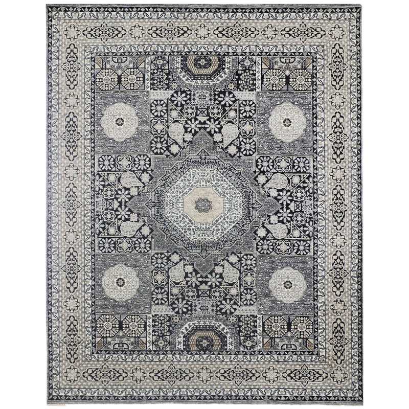 Tapis noir / ivoire de haute qualité noué à la main, Rectangle 8 pi x 10 pi