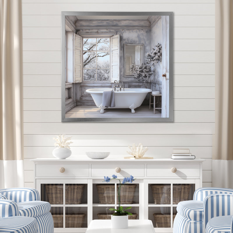 Farmhouse Bathroom Charm II - impressions sur toile blanchisserie, H 30 po x l 30 po, Cadre photo unique, Argent argent