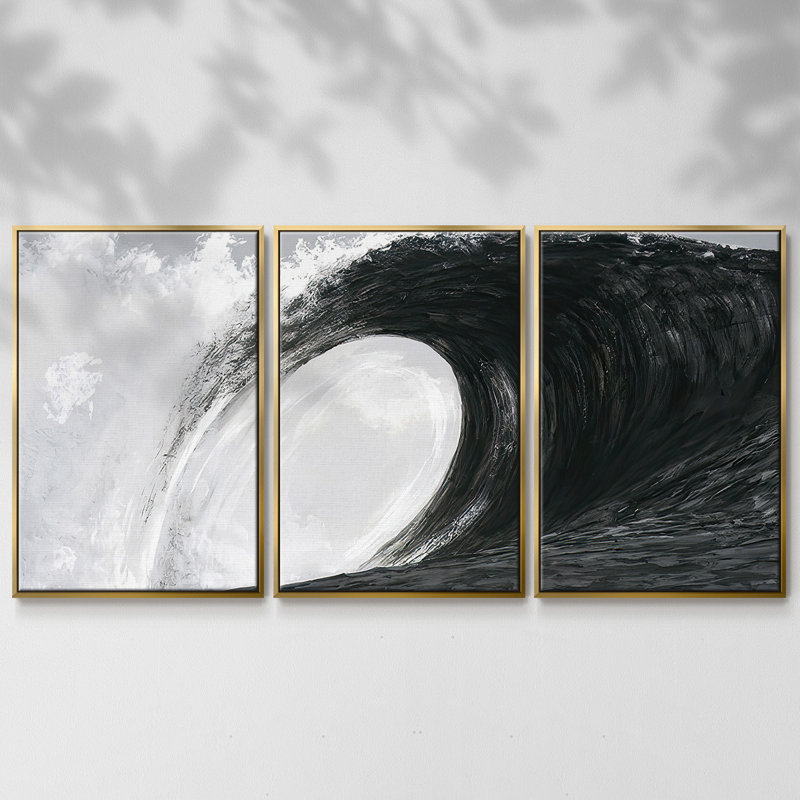 3 vagues noires et blanches IV, H 24 po x l 48 po, Encadrement doré