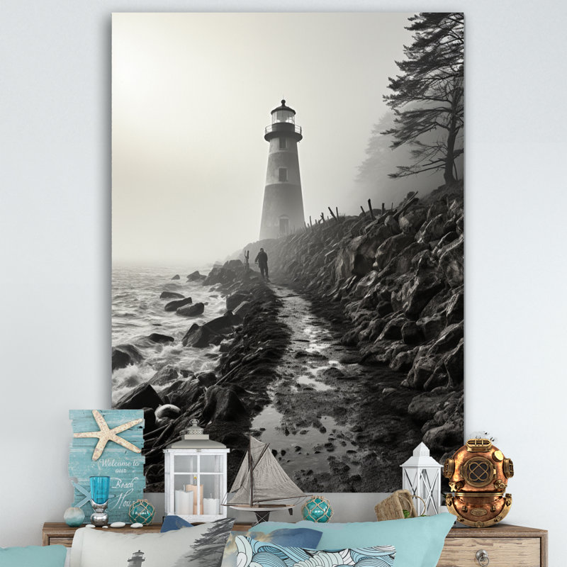Phare Bansemer noir et blanc avec horizon brumeux, Toile tendue, H 32 po x l 16 po x P 1 po