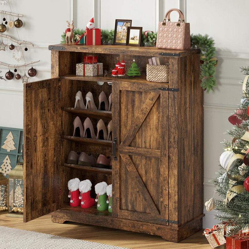 Armoire de rangement pour chaussures de ferme 32 po avec portes de grange, rangement pour hall d'entrée en bois avec tablette ouverte à 2 niveaux et tablettes réglables