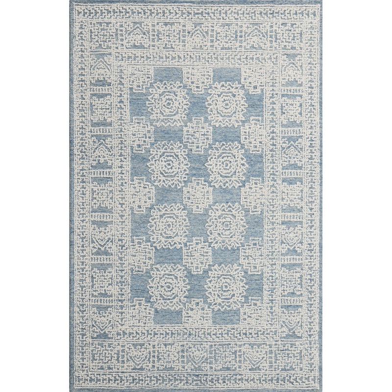 Hardanger Oriental Hand Tufted Wool Area Rug in Denim/White, Rectangle 5'6" x 8'6"