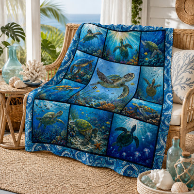 Couverture en flanelle à motif tortue marine, jardin sous-marin aquarelle avec poissons, coquillages et plantes marines, idéale pour le canapé, le lit, la lecture, les soirées et les voyages, 101,6 x 127 cm