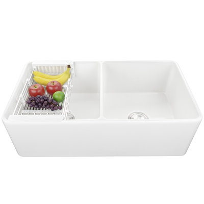White Fireclay 33 in. Double Bowl Apron-Front Kitchen Sink with Basket Strainer