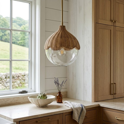 1-Light 13" Modern Farmhouse Boho Polished Brass Single Pendant with Hand Woven and Textured Glass Shade for kitchen Island