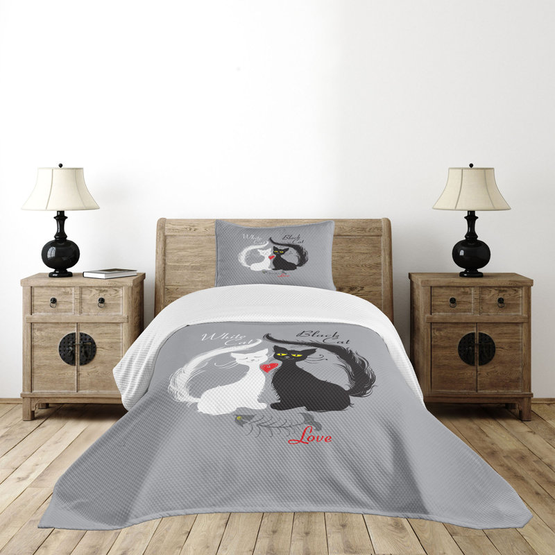 Ambensonne Cat Bedspread Couple Fishbone White Grey