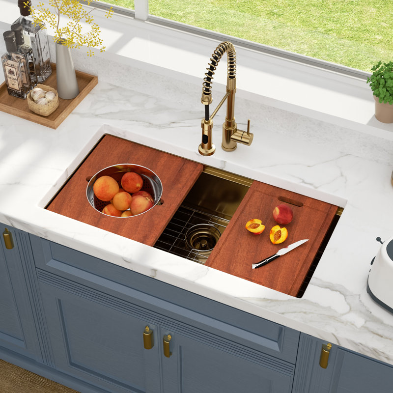 36x19 Inch Workstation Sink Undermount Stainless Steel 16 Gauge Single Bowl Kitchen Sinks with Mixing Bowls, Gold
