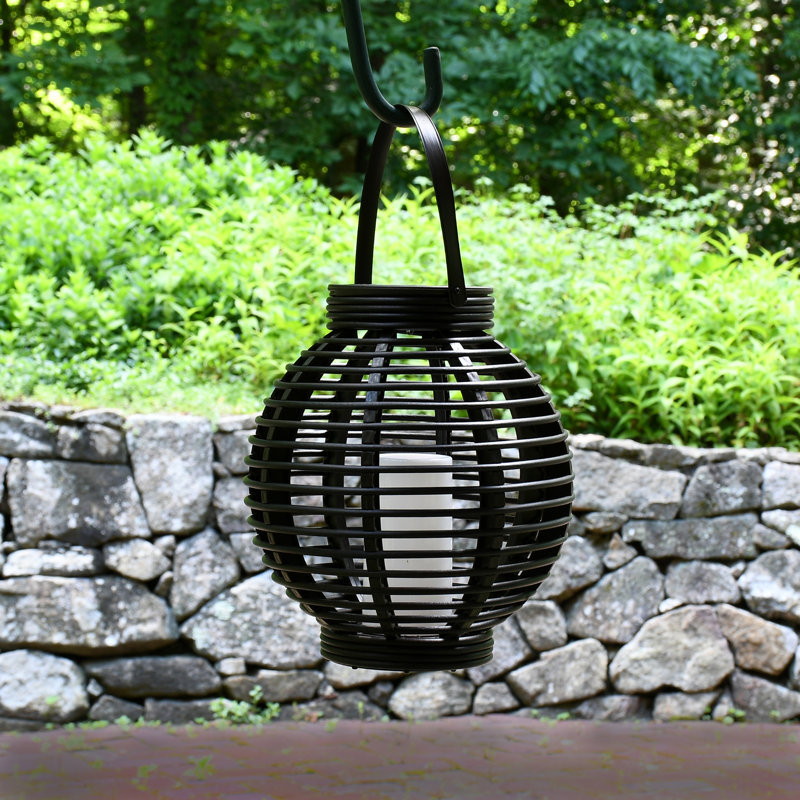 Black Plastic Hanging Solar Basket Lantern with LED Candle