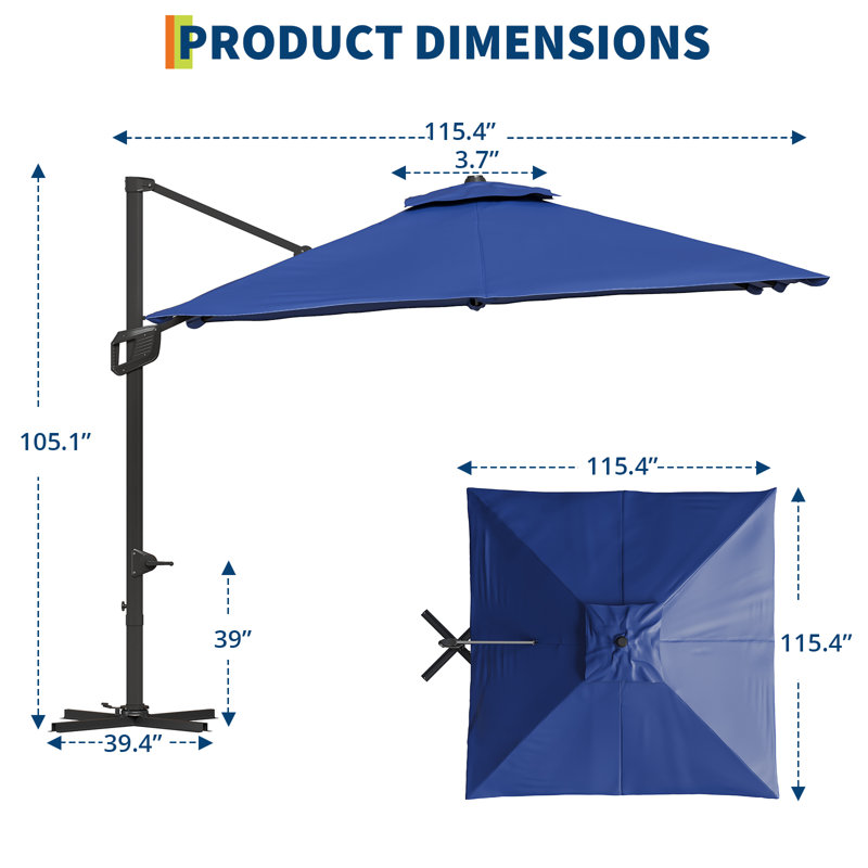 cantilever patio umbrella 10& 39 10' Classic Square AKZ Tilting solar LED umbrella The Grande Square - Sunbrella