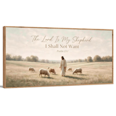 Large Framed Psalm 23 Christian Wall Art - Jesus the Shepherd Landscape Canvas Picture, Bible Verse Wall Decor, Inspirational Scripture Nature Artwork Painting for Living Room Bedroom Office, Wrapped Canvas with Pine Frame, 48×24 Inches