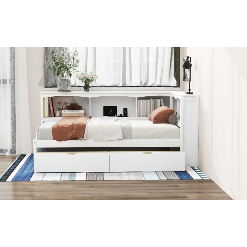 Lit de jour simple blanc avec prises et rangement - Fabrication en bois massif pour une configuration de chambre à coucher élégante. Deux tiroirs pratiques.