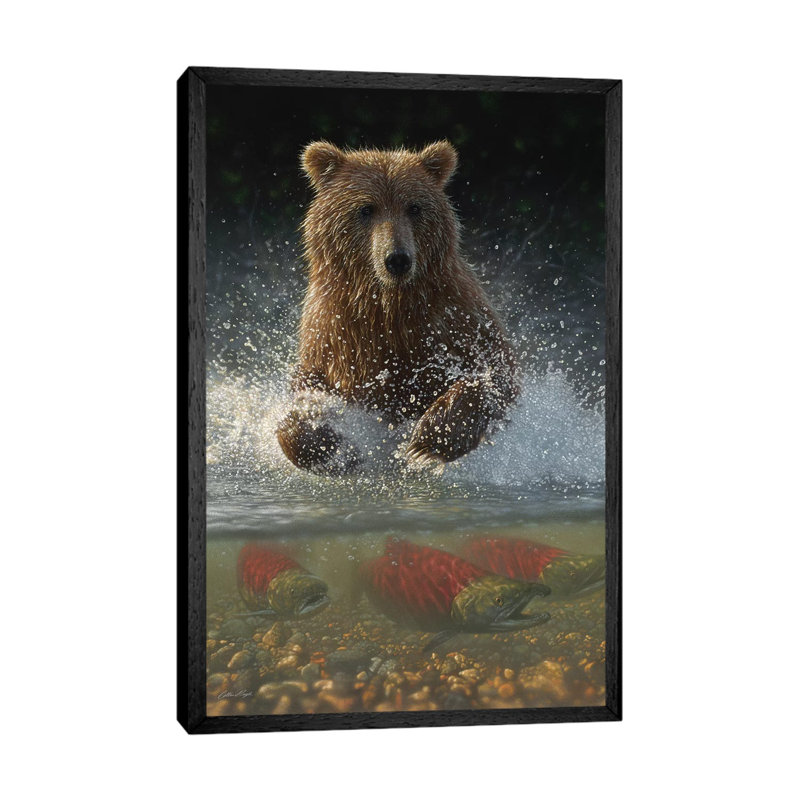 Brown Bear Fishing Hole by Collin Bogle - Print on Canvas, Black Framed, 101.6 cm H x 66.04 cm W