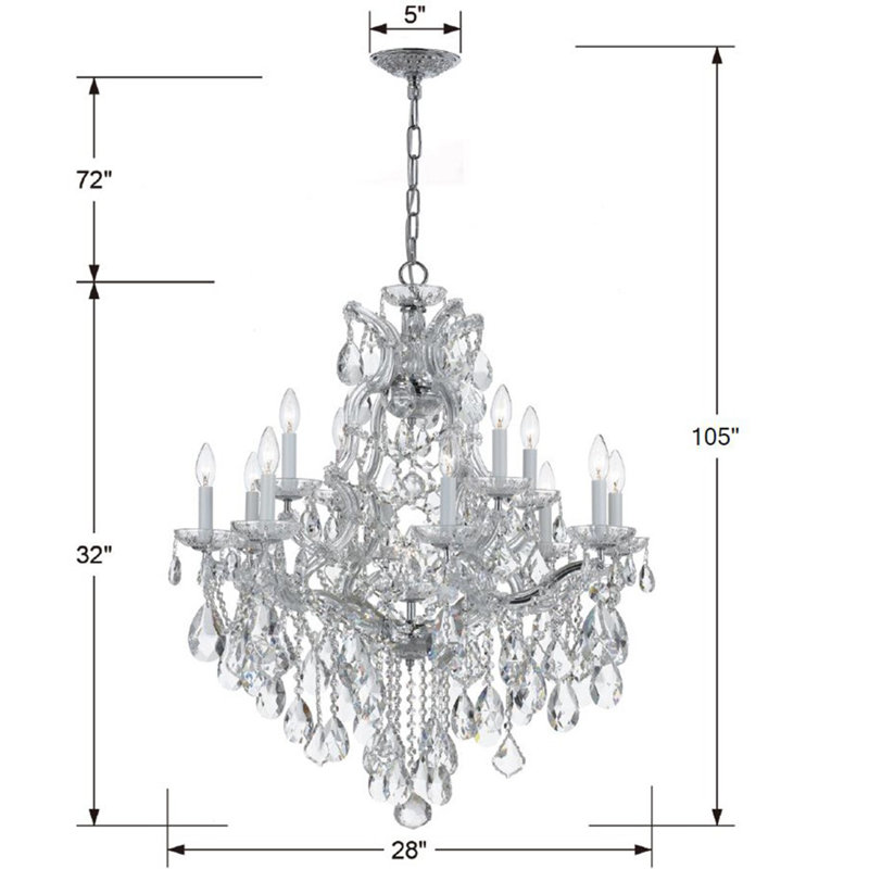 Lustre classique de style bougie à 13 lumières avec détails en cristal Weekes, Majestueux bois poli / chrome