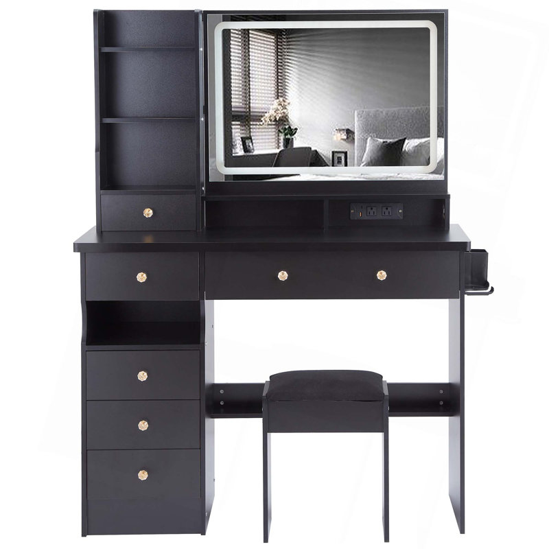 Ensemble de meuble-lavabo de 41 po avec commode gauche de grande taille + commode avec tabouret rembourré, 2 centrales électriques + 2 USB, support pour sèche-cheveux, très grand miroir à DEL tactile, interrupteur à 3 couleurs
