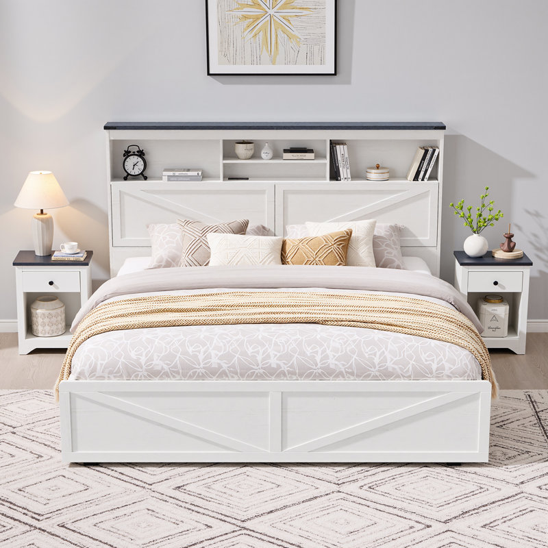 Farmhouse King Size Bed Frame With Led Light And Charging Station,Wooden Bed Frame With 52" High Storage Bookcase Headboard And 4 Drawers