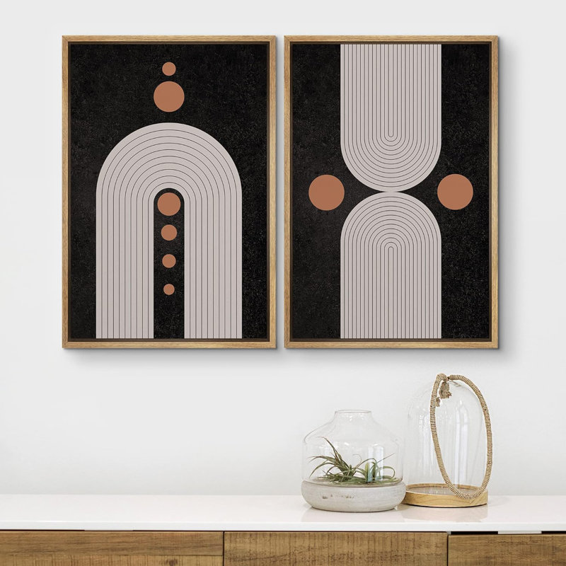 Reproduction de formes abstraites de style Mid-Century moderne boho noir et brun sur fond de cercle géométrique sur toile, 2 pièces