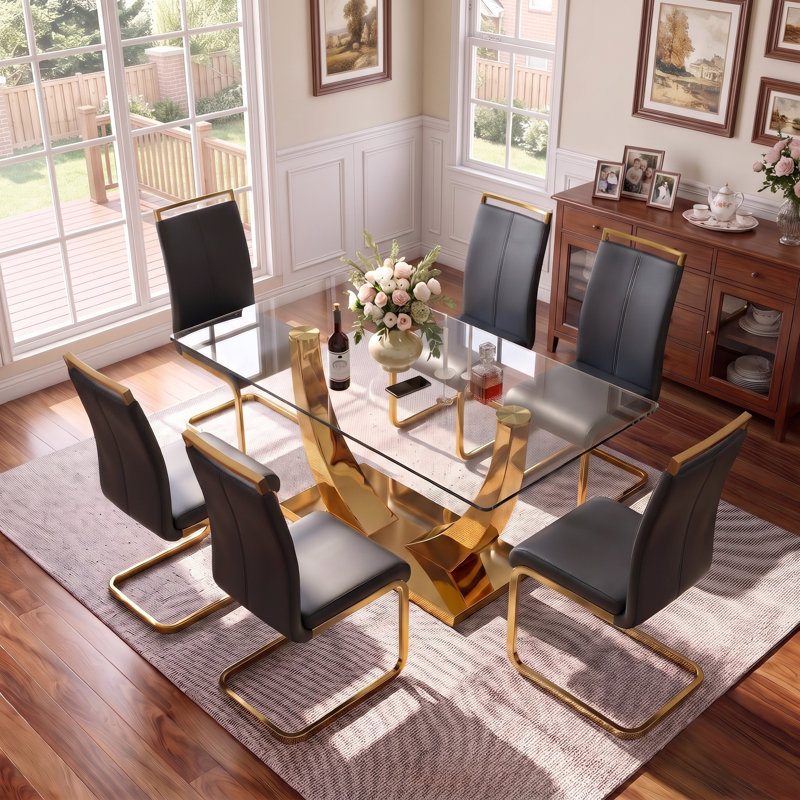 Rheese Modern Upholstered Faux Leather Cantilever Dining Chairs with Metal Frame (Set of 6), 6, Black, Polished