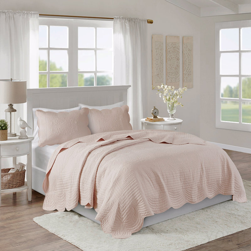 Ensemble de courtepointe réversible 3 pièces à bord festonné Blush King / Cal King, King Quilt + 2 Shams, Rosé