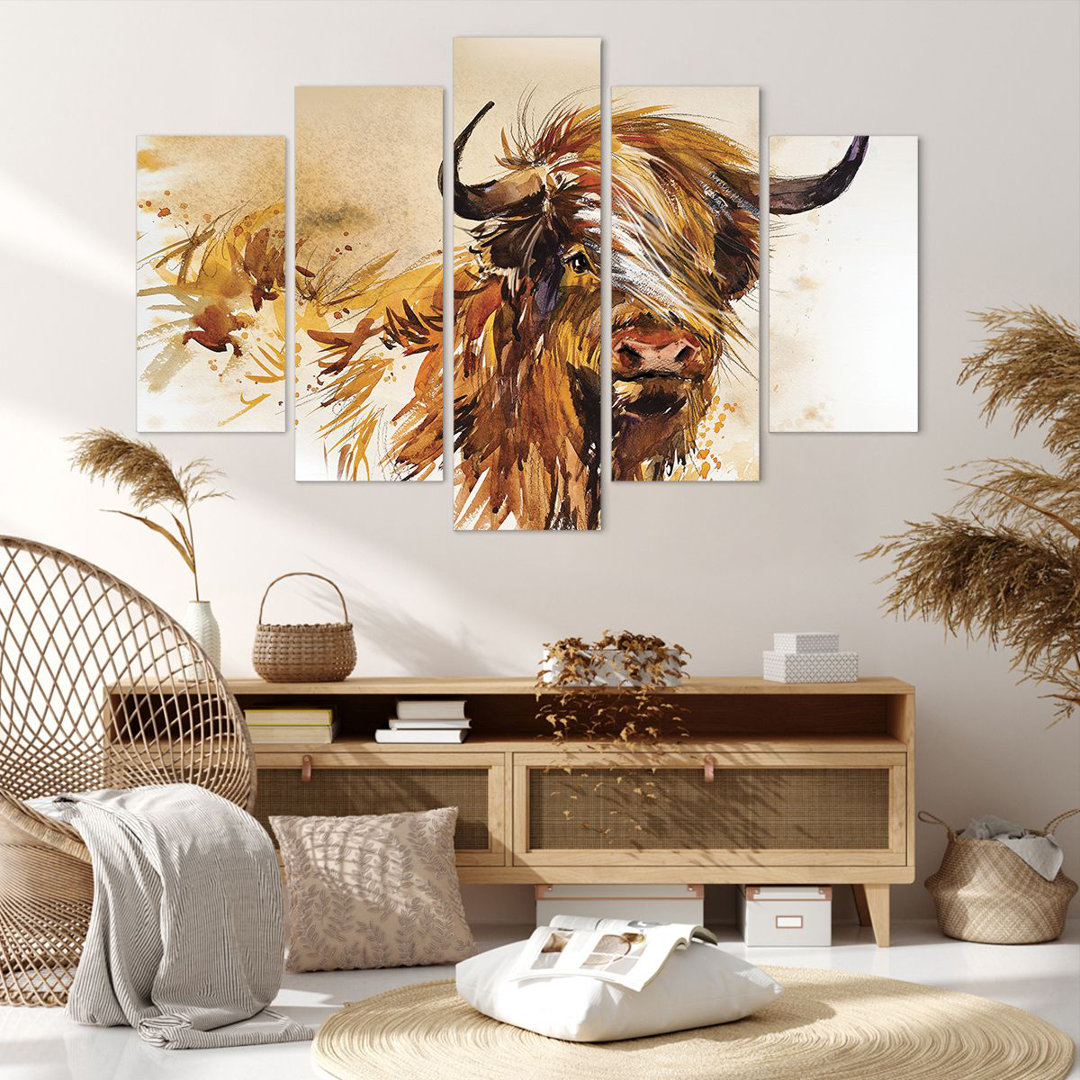 5-tlg. Leinwandbilder-Set Bull Scotch Watercolour