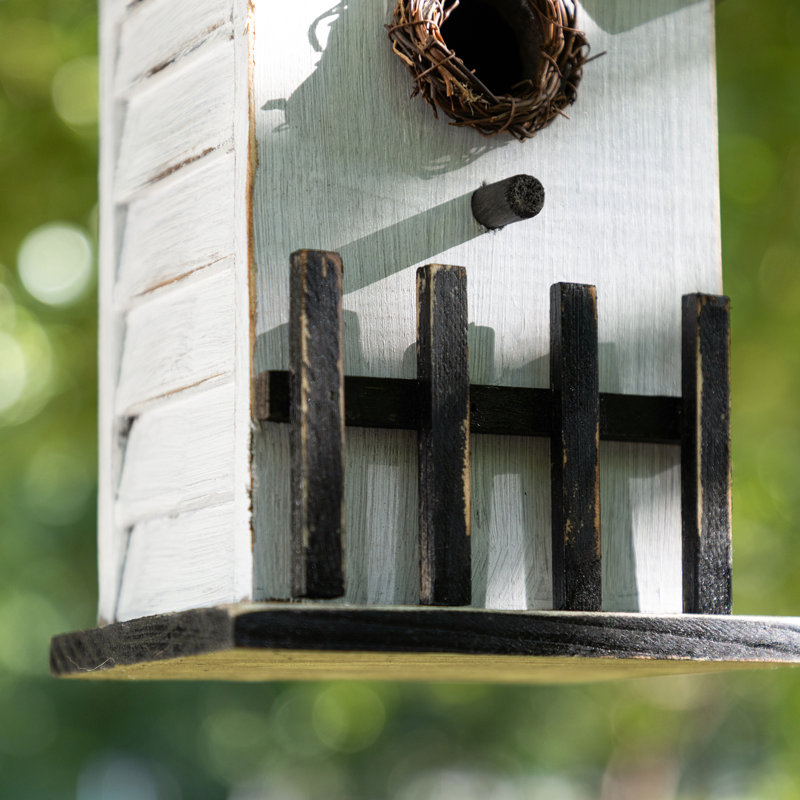 Maison d'oiseaux en bois massif blanc délavé avec clôture, H 11 po
