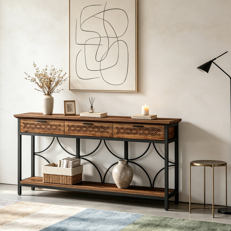 Table d'appoint longue avec tiroirs de rangement