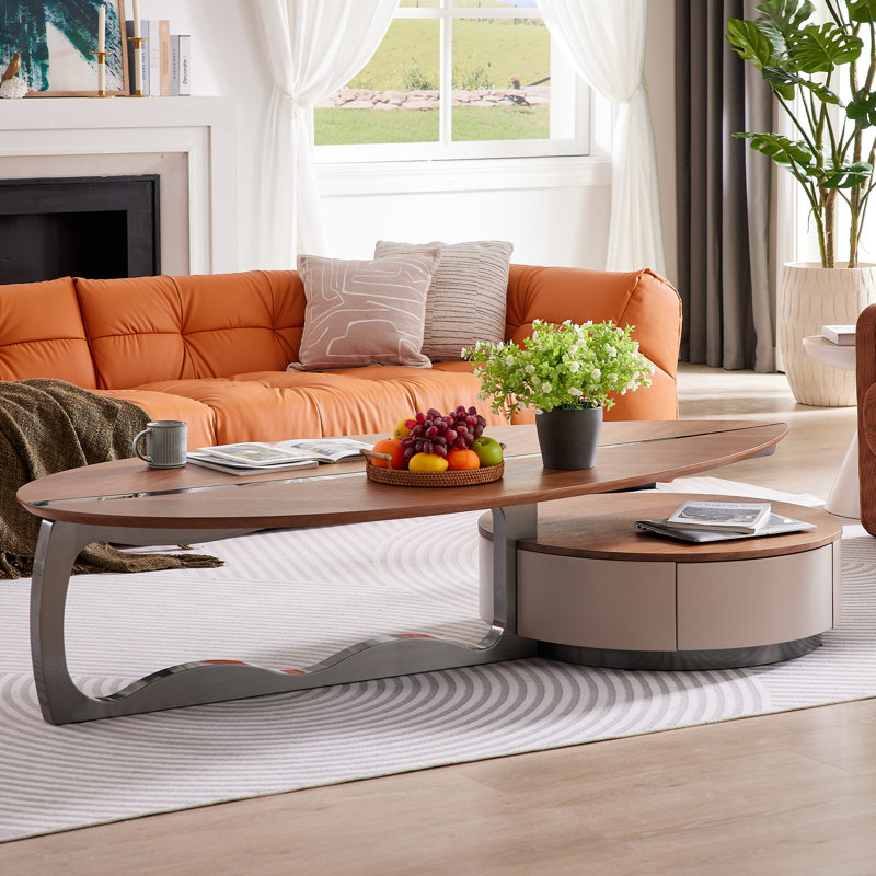 Table basse moderne en placage de noyer moderne avec deux tiroirs de rangement et une base en acier inoxydable
