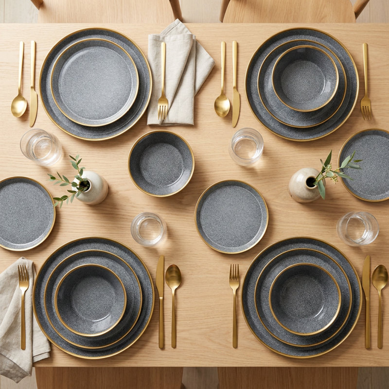 Service de table en porcelaine tachetée gris anthracite et or (service de 16 pièces pour 4 personnes)