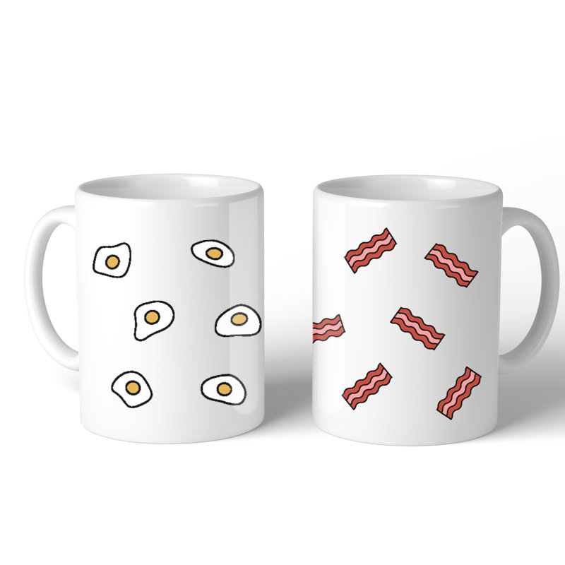 White Ceramic Winter Christmas Egg and Bacon Mug Set