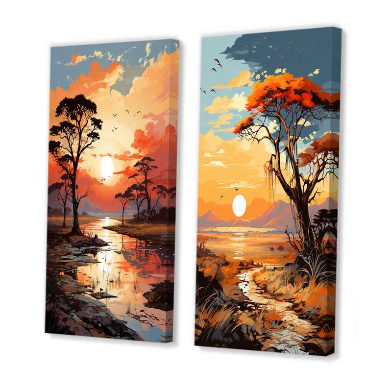 Coucher de soleil africain «Savanna Harmony I», ensemble de 2 impressions sur toile, Toile tendue, H 40 po x l 41 po