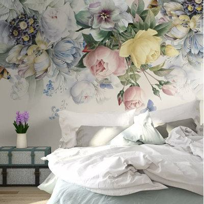 Floral Peony Flower Watercolor Paint Art Removable Wallpaper