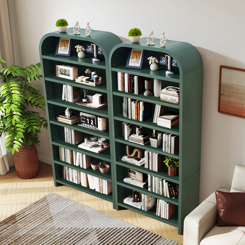 Grande bibliothèque arquée en bois avec 7 tablettes ouvertes, Vert