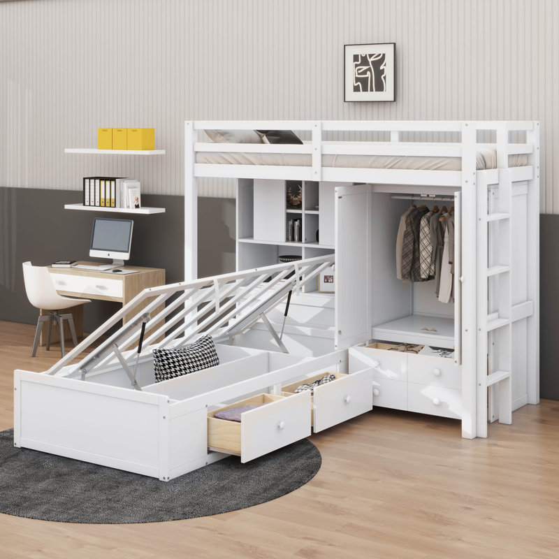 Lit superposé simple avec tiroirs, garde-robe, tablettes de rangement et hydraulique, Blanc
